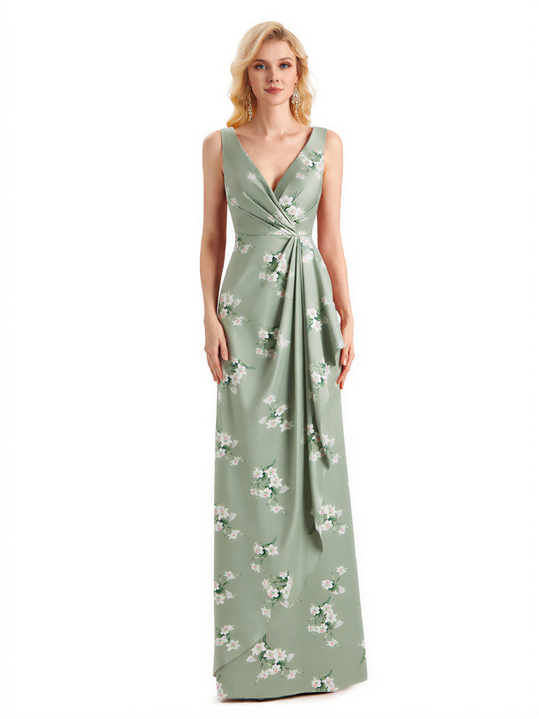 Beautiful Mermaid V-Neck Floral Satin Maxi Floral Formal Dresses For Women