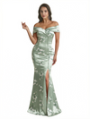 Sexy Off Shoulder Mermaid Long Satin Floral Formal Dresses For Women