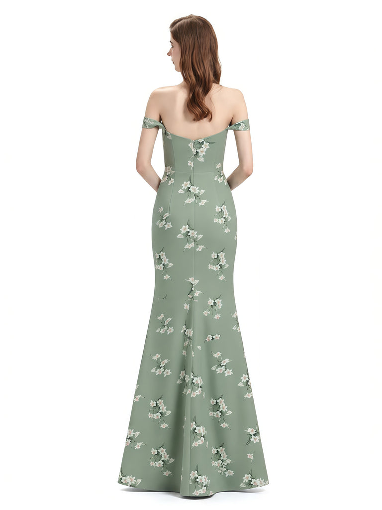 Elegant Off Shoulder Mermaid Side Slit Floral Satin Maxi Floral Formal Dresses For Women