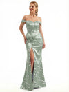 Beautiful Off Shoulder Side Slit Mermaid Floral Satin Maxi Floral Formal Dresses For Women