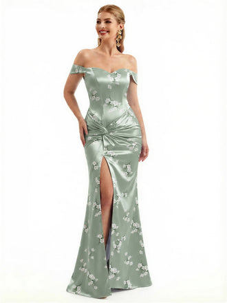 Beautiful Off Shoulder Side Slit Mermaid Floral Satin Maxi Floral Formal Dresses For Women