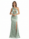 Simple One Shoulder Side Slit Mermaid Floral Satin Maxi Floral Formal Dresses For Women