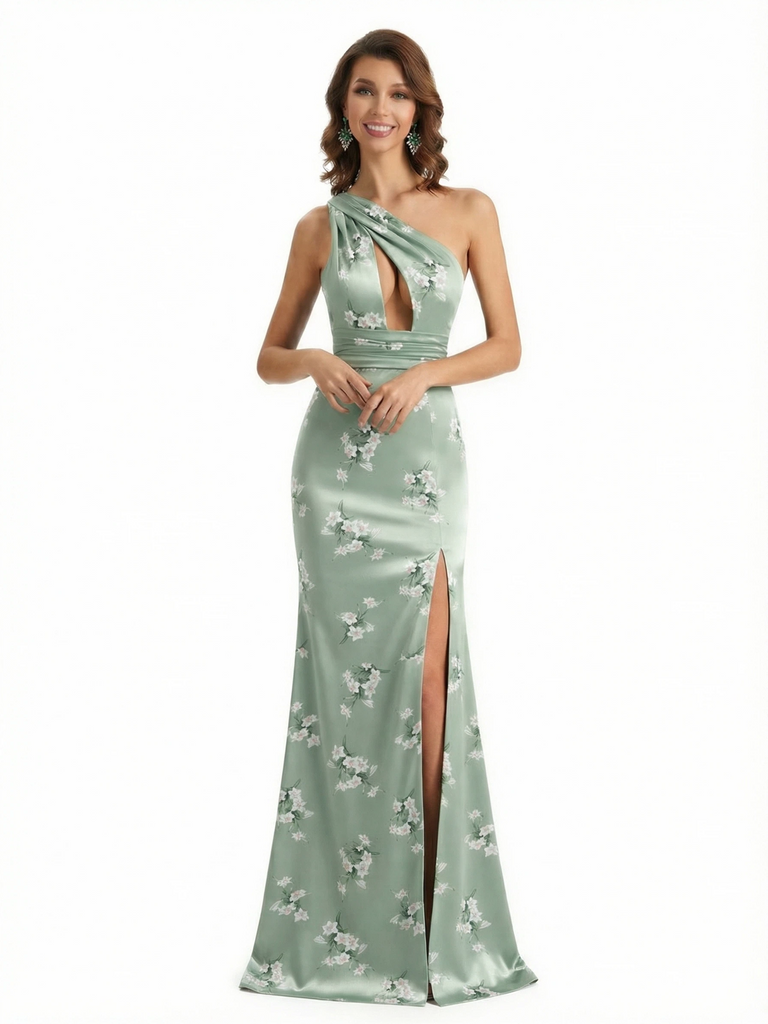 Simple One Shoulder Side Slit Mermaid Floral Satin Maxi Floral Formal Dresses For Women