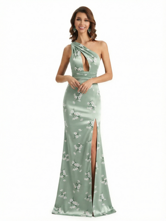 Simple One Shoulder Side Slit Mermaid Floral Satin Maxi Floral Formal Dresses For Women