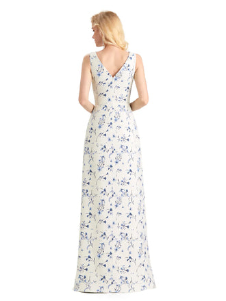 Beautiful V-Neck Mermaid Floral Satin Maxi Floral Formal Dresses For Women