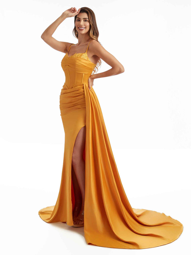 Simple Soft Satin Side Slit Spaghetti Straps Long Mermaid Bridesmaid Dresses Online