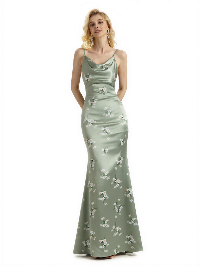 Sexy Jewel Spaghetti Straps Mermaid Long Satin Floral Formal Dresses For Women