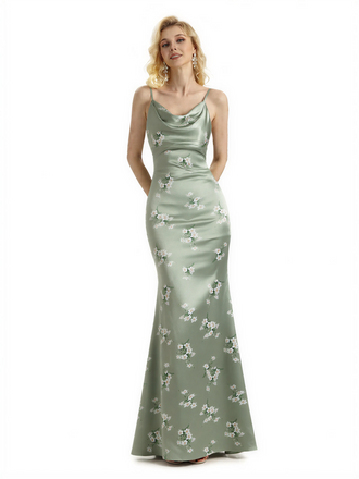 Sexy Jewel Spaghetti Straps Mermaid Long Satin Floral Formal Dresses For Women