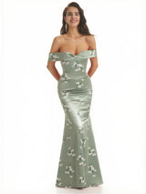 Elegant Off Shoulder Mermaid Floral Satin Maxi Floral Formal Evening Dresses