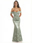 Elegant Off Shoulder Mermaid Floral Satin Maxi Floral Formal Evening Dresses