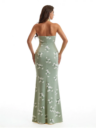 Simple Halter Side Slit Mermaid Floral Satin Maxi Floral Formal Dresses For Women