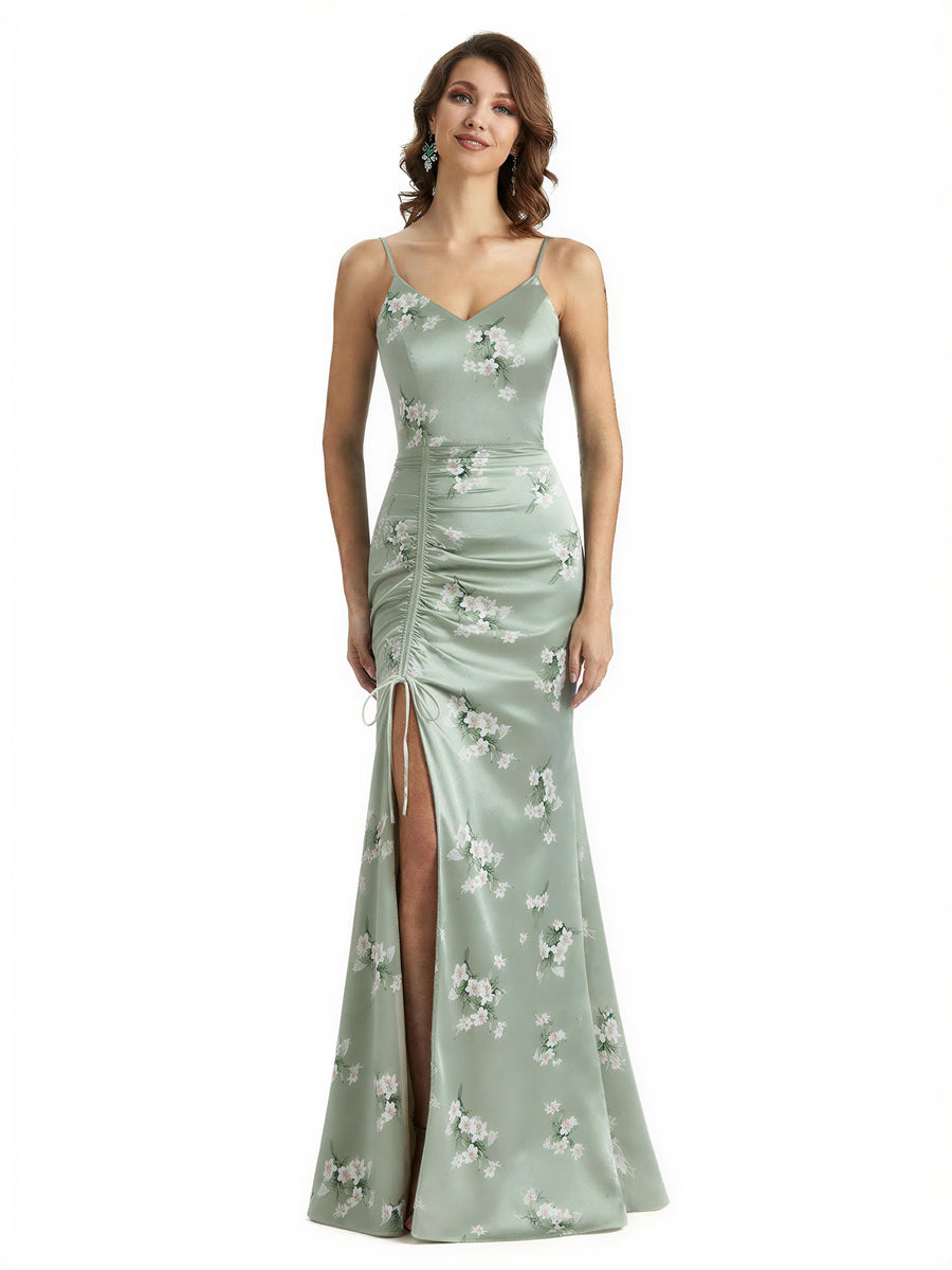 Simple Spaghetti Straps V-Neck Side Slit Mermaid Floral Satin Maxi Floral Formal Dresses For Women