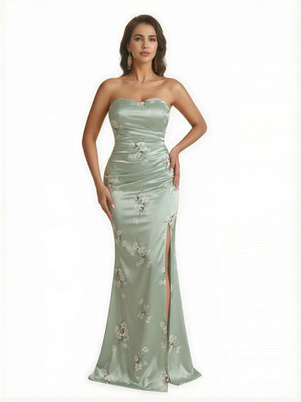 Trendy Sweetheart Strapless Side Slit Mermaid Long Satin Floral Formal Dresses For Women