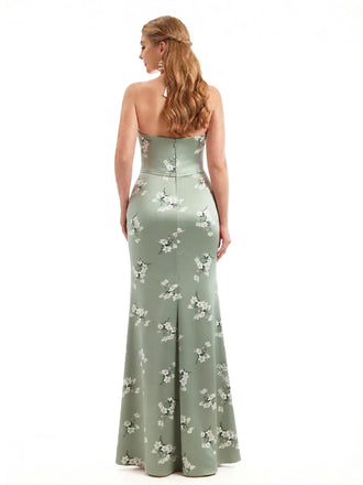 Beautiful Halter Side Slit Mermaid Floral Satin Maxi Floral Formal Dresses For Women