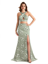 Beautiful Mermaid Halter Two Pieces Floral Satin Maxi Floral Formal Dresses For Women