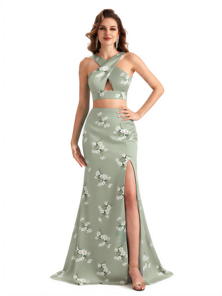 Beautiful Mermaid Halter Two Pieces Floral Satin Maxi Floral Formal Dresses For Women