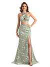 Beautiful Mermaid Halter Two Pieces Floral Satin Maxi Floral Formal Dresses For Women
