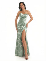 Sexy Sweetheart Side Slit Mermaid Long Satin Floral Formal Dresses For Women