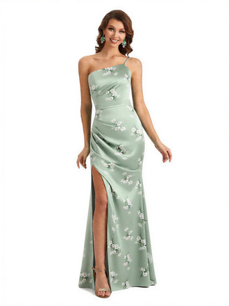 Simple One Shoulder Side Slit Sleeveless Mermaid Floral Satin Maxi Floral Formal Dresses For Women