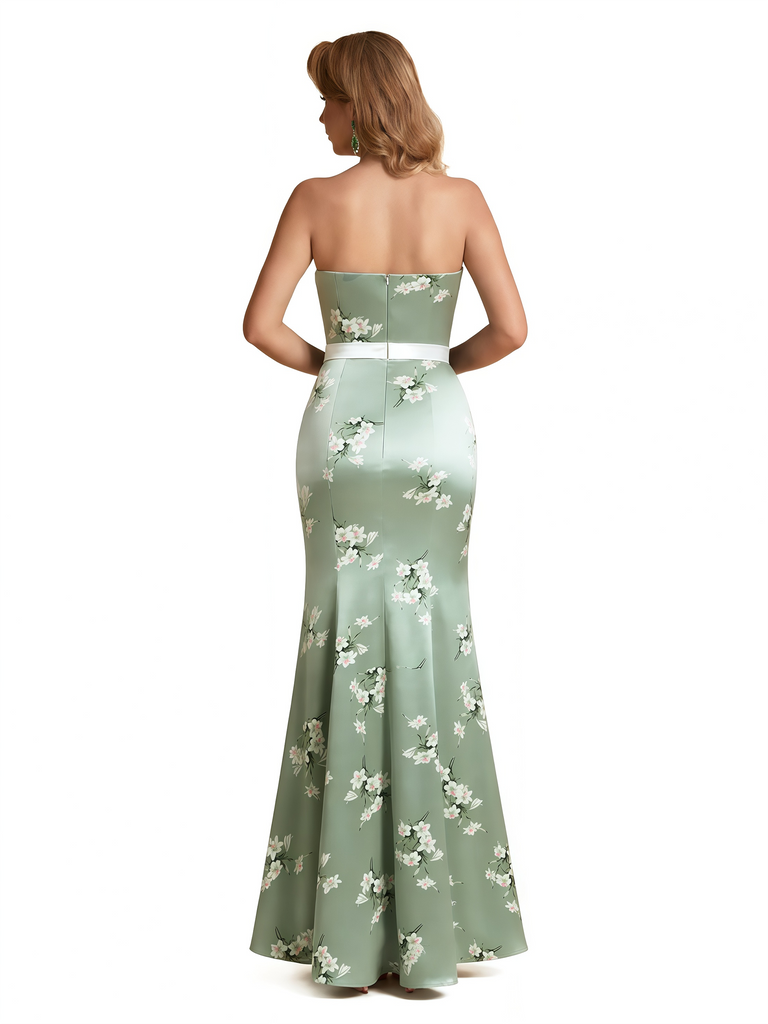 Elegant Strapless Side Slit Mermaid Long Satin Floral Formal Dresses For Women
