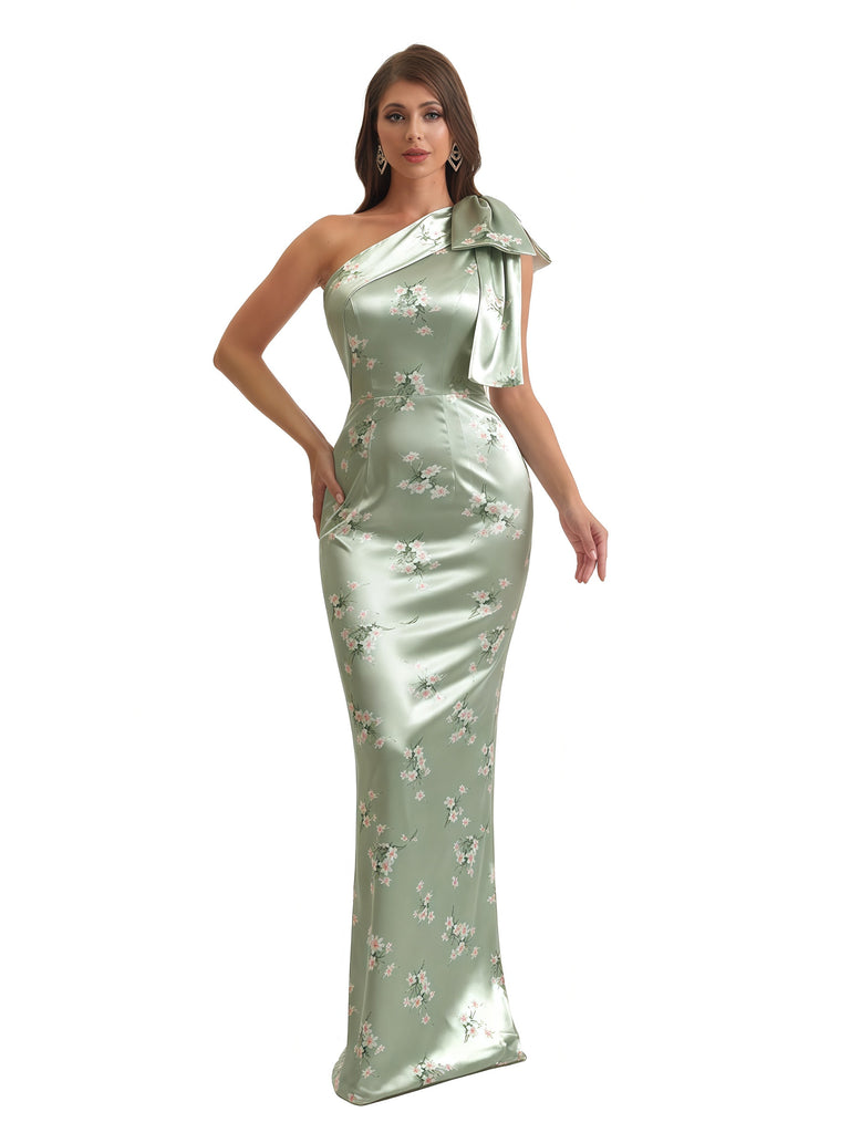 Elegant One Shoulder Mermaid Long Satin Floral Formal Dresses For Women With Back Slit