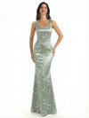 Elegant Spaghetti Straps Square Mermaid Long Satin Floral Formal Evening Dresses For Ladies