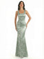 Elegant Spaghetti Straps Square Mermaid Long Satin Floral Formal Evening Dresses For Ladies