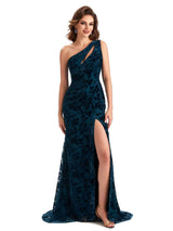 Elegant One Shoulder Mermaid Side Slit Floral Velvet Unique Long Bridesmaid Dresses