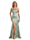 Trendy Off Shoulder Side Slit Mermaid Long Satin Floral Formal Evening Dresses For Ladies