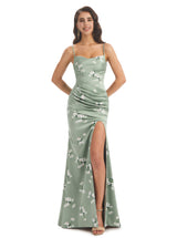 Elegant Spaghetti Straps Side Slit Mermaid Floral Satin Maxi Floral Formal Dresses For Women