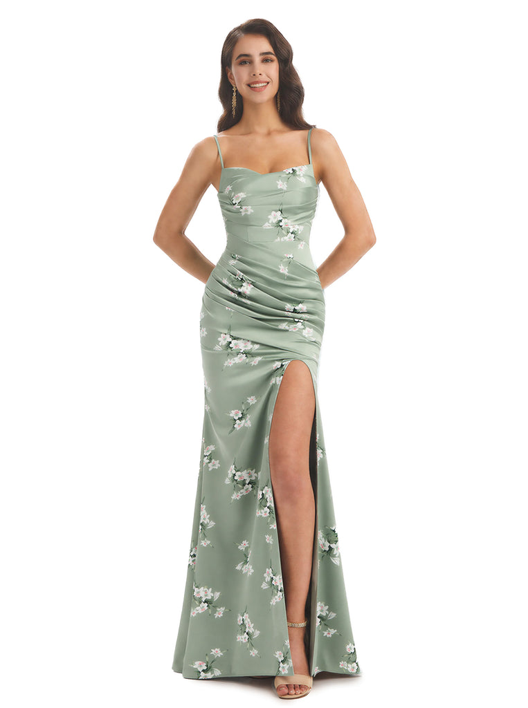 Elegant Spaghetti Straps Side Slit Mermaid Floral Satin Maxi Floral Formal Dresses For Women