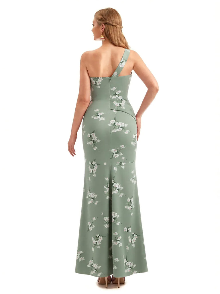 Beautiful One Shoulder Side Slit Mermaid Floral Satin Maxi Floral Formal Dresses For Women