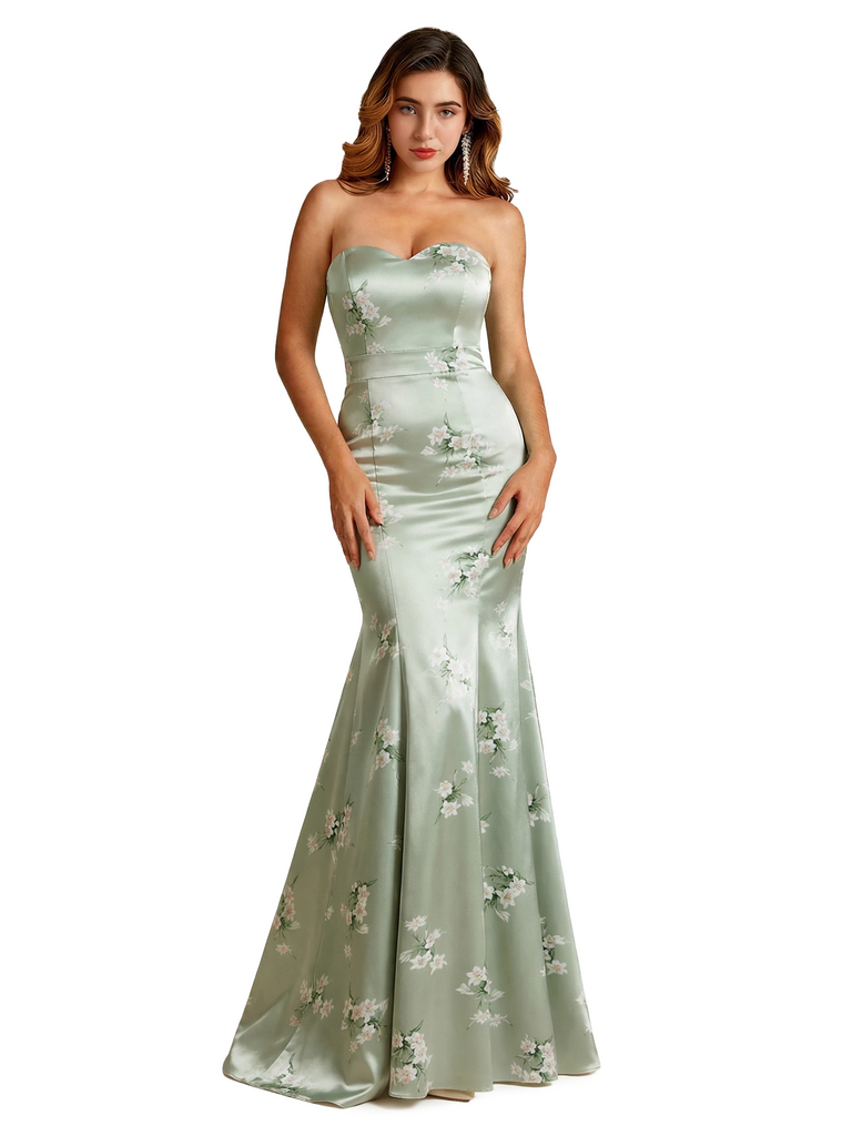Sexy Sweetheart Mermaid Long Satin Floral Formal Dresses For Women