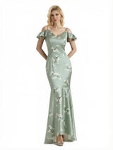 Beautiful Mermaid Cold Shoulder Floral Satin Maxi Floral Formal Dresses For Women
