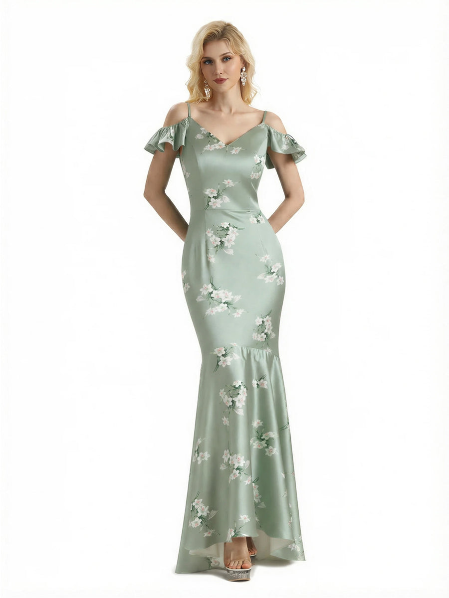 Beautiful Mermaid Cold Shoulder Floral Satin Maxi Floral Formal Dresses For Women