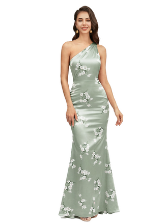 Elegant One Shoulder Mermaid Floral Satin Maxi Floral Formal Dresses For Women