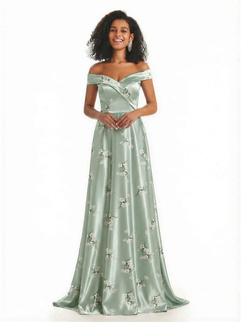 Trendy Off Shoulder A-Line Long Floral Satin Women Formal Evening Dresses