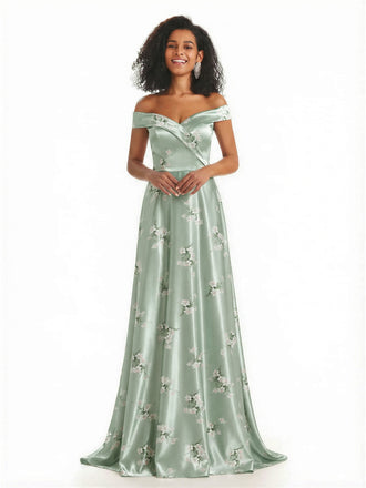 Trendy Off Shoulder A-Line Long Floral Satin Women Formal Evening Dresses
