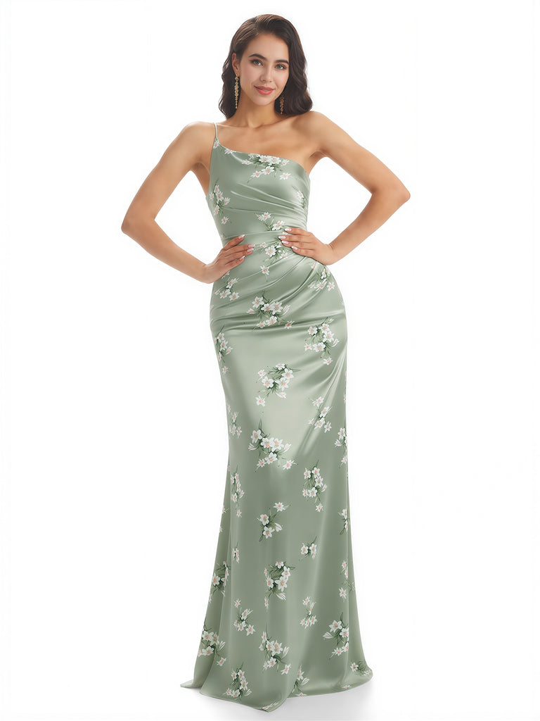 Elegant One Shoulder Mermaid Long Satin Floral Formal Dresses For Women