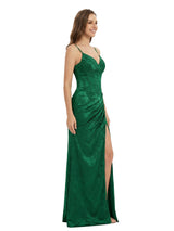 ChicSew Elegant Ruched Jacquard Satin Spaghetti Straps Side Slit Mermaid Long Formal Evening Dresses