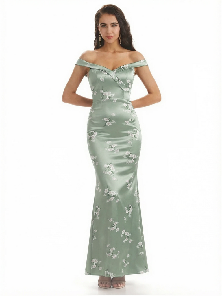 Simple Off Shoulder Mermaid Floral Satin Maxi Floral Formal Dresses For Women