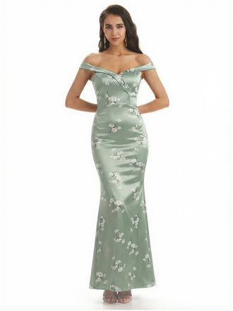 Simple Off Shoulder Mermaid Floral Satin Maxi Floral Formal Dresses For Women