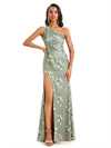 Elegant One Shoulder Mermaid Side Slit Floral Satin Maxi Floral Formal Dresses For Women