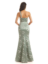 Sexy One Shoulder Side Slit Mermaid Satin Floral Formal Dresses For Women