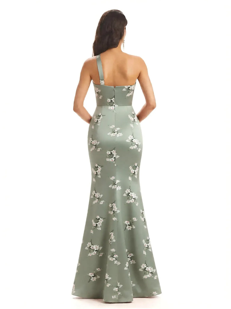 Sexy One Shoulder Side Slit Mermaid Satin Floral Formal Dresses For Women