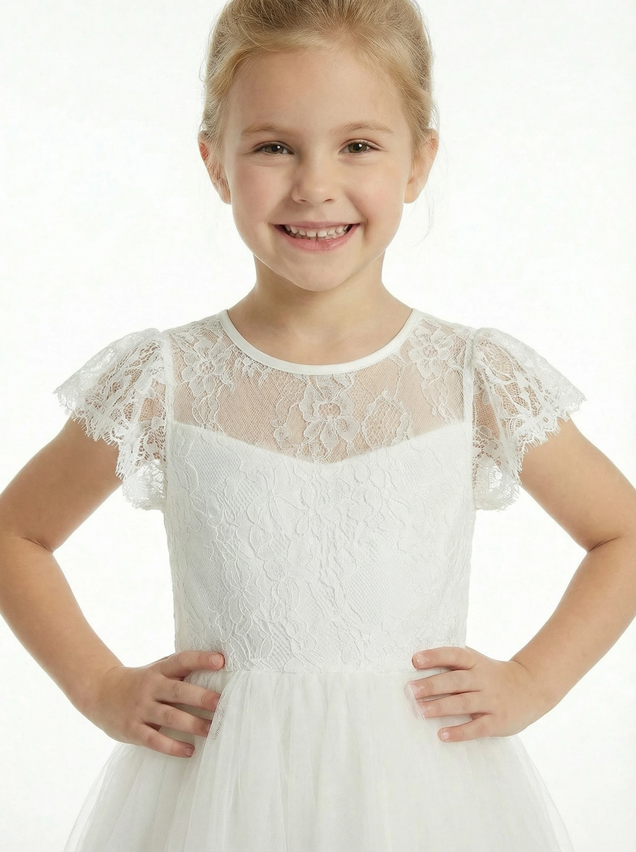 Illusion Neck Lace Bodice Flower Girl Dress with Cap Sleeves and Classic Tulle Skirt