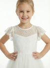Illusion Neck Lace Bodice Flower Girl Dress with Cap Sleeves and Classic Tulle Skirt