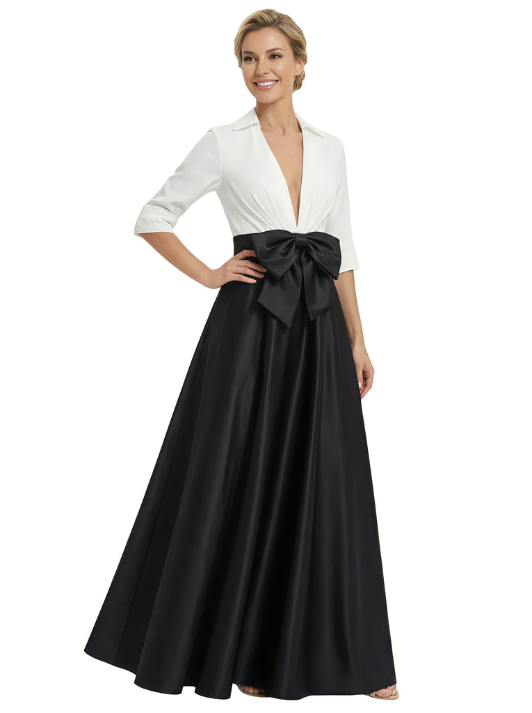 Elegant Black And White Satin V-Neck A-Line Half Sleeves Floor-Length Mother Of The Bride Dresses