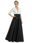 Elegant Black And White Satin V-Neck A-Line Half Sleeves Floor-Length Mother Of The Bride Dresses