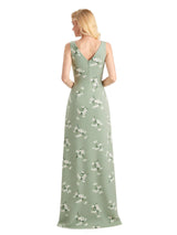 Beautiful V-Neck Mermaid Floral Satin Maxi Floral Formal Dresses For Women